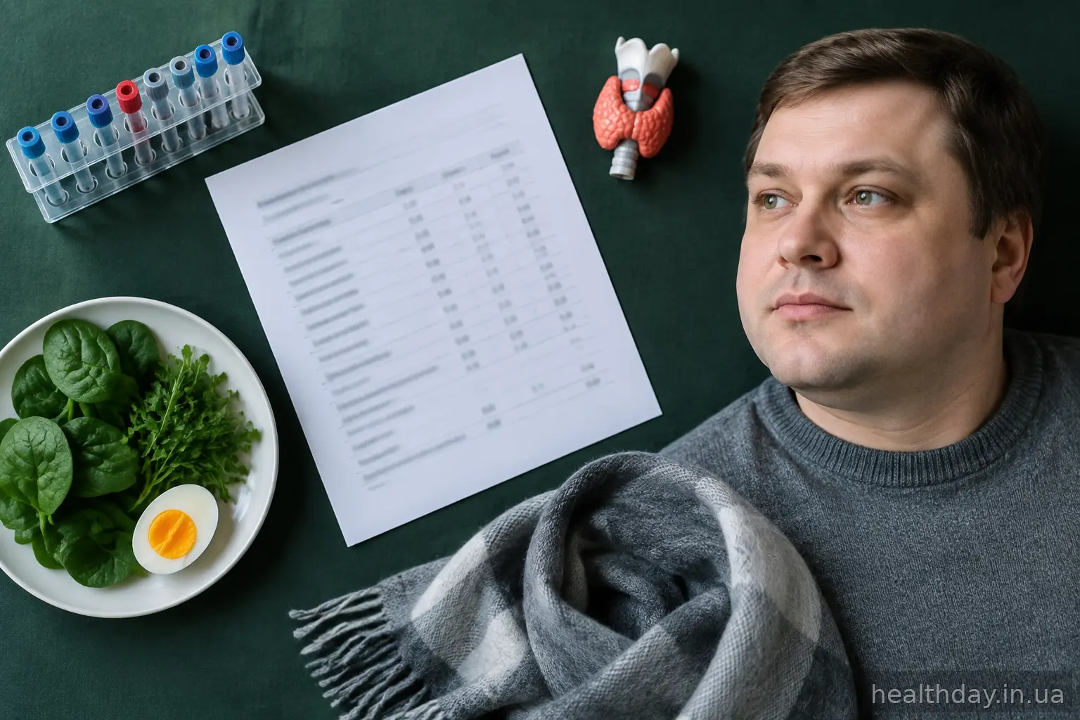 Результати аналізів, овочі та теплий шарф на столі як натяк на сповільнений метаболізм