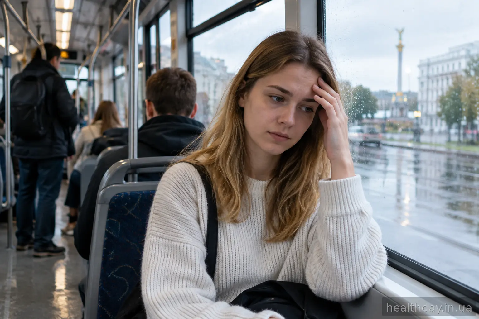 Втомлена жінка в громадському транспорті торкається чола — прихований період застуди
