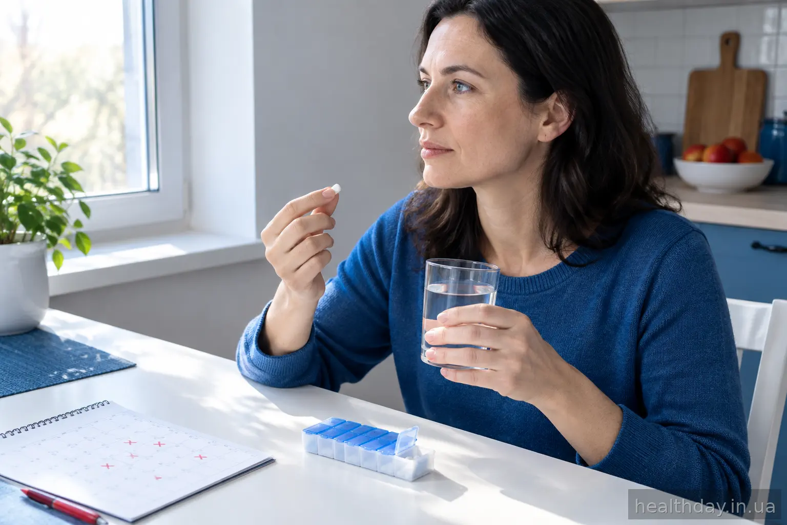 Жінка приймає таблетку зі склянкою води за кухонним столом