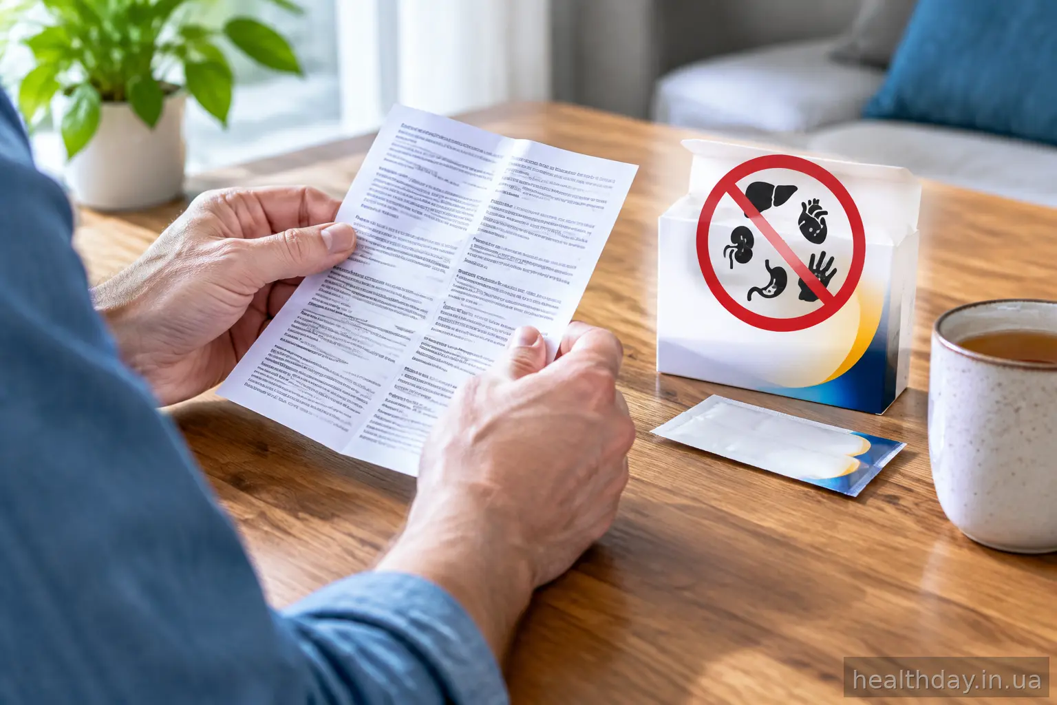 Чоловік уважно читає інструкцію до ліків за столом у вітальні