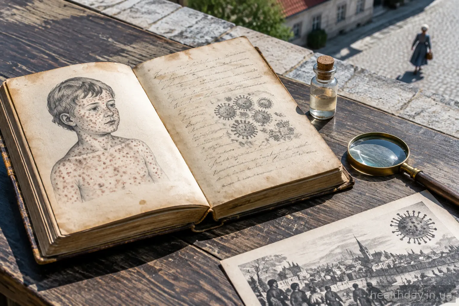 Старовинна медична книга та латунна лупа на дерев'яному столі