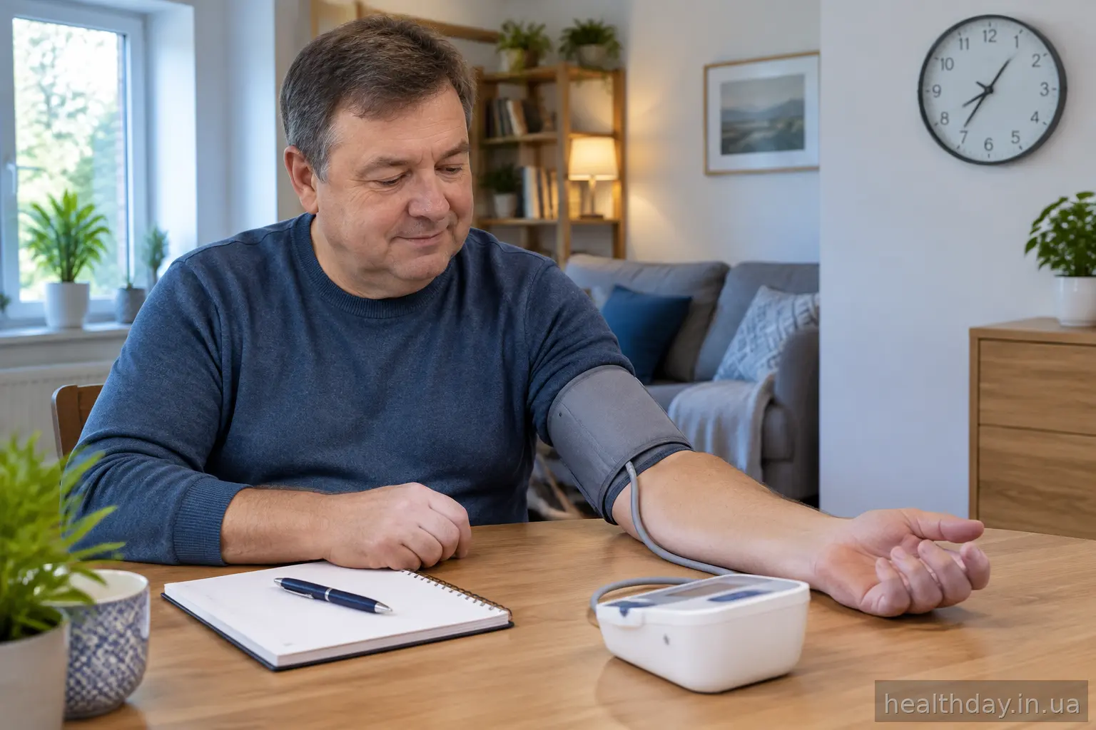 Чоловік вимірює тиск вдома за столом, поклавши руку на рівні серця