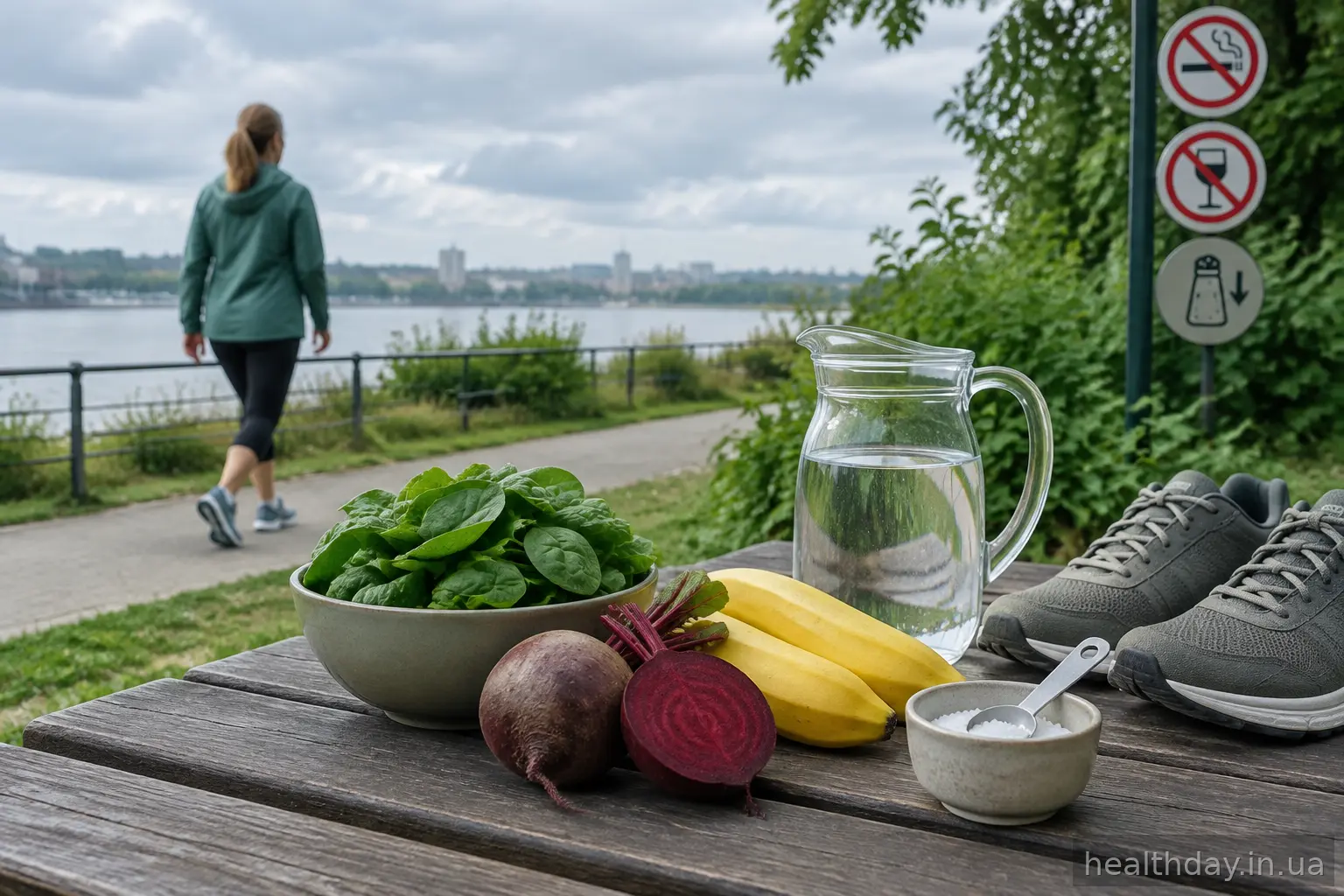 Продукти, багаті на калій і клітковину, поруч із водою та кросівками для прогулянок