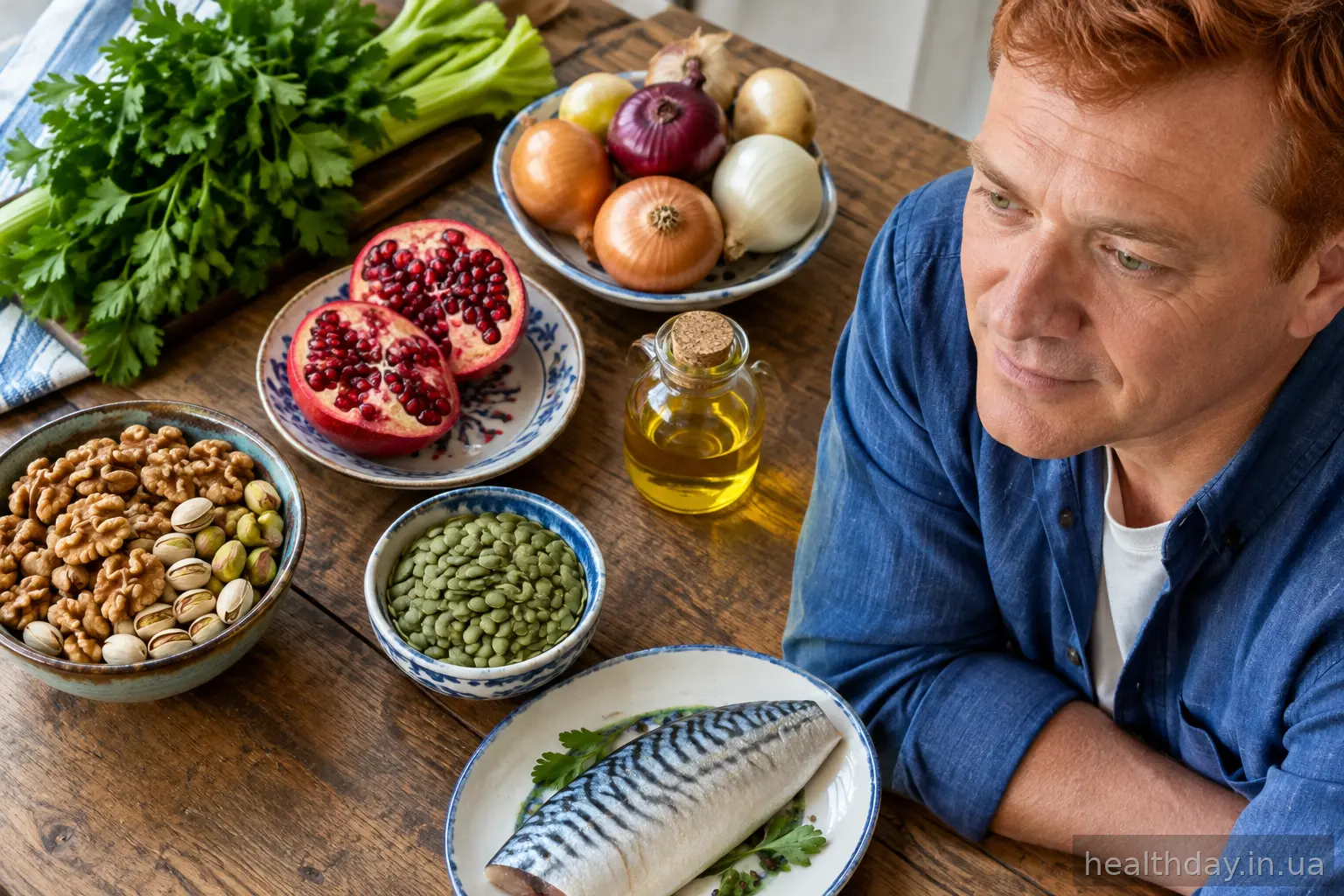 Продукти, що підвищують потенцію: горіхи, гранат, цибуля, зелень і риба на кухонному столі