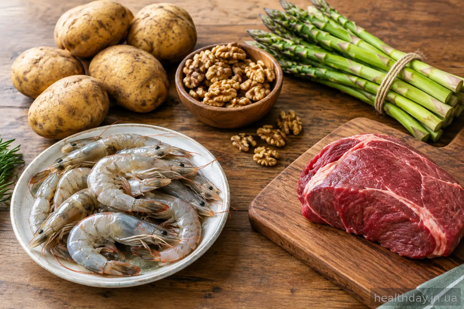 Свіжі продукти на дерев'яному столі: морепродукти, картопля, горіхи, спаржа, м'ясо
