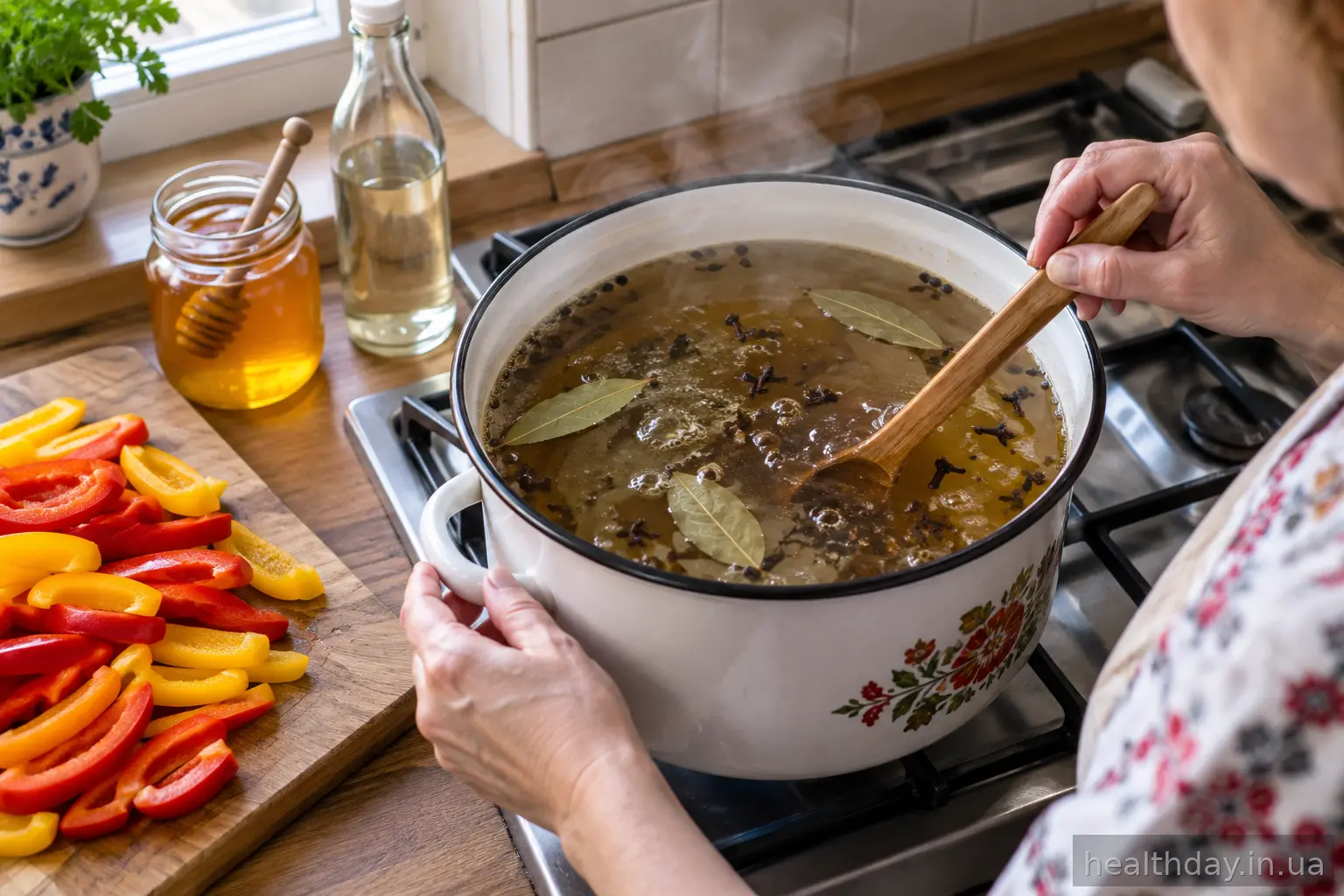 Маринад з медом, спеціями та скибочками солодкого перцю на плиті