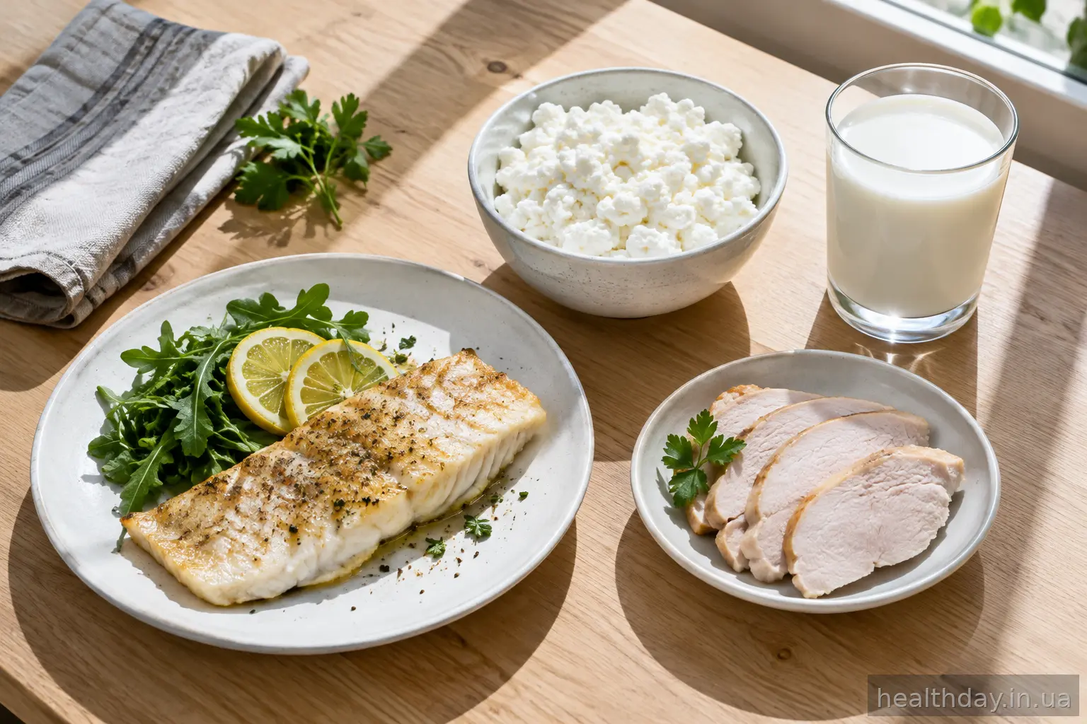 Продукти, багаті на гліцин: риба, молочні продукти та птиця на кухонному столі