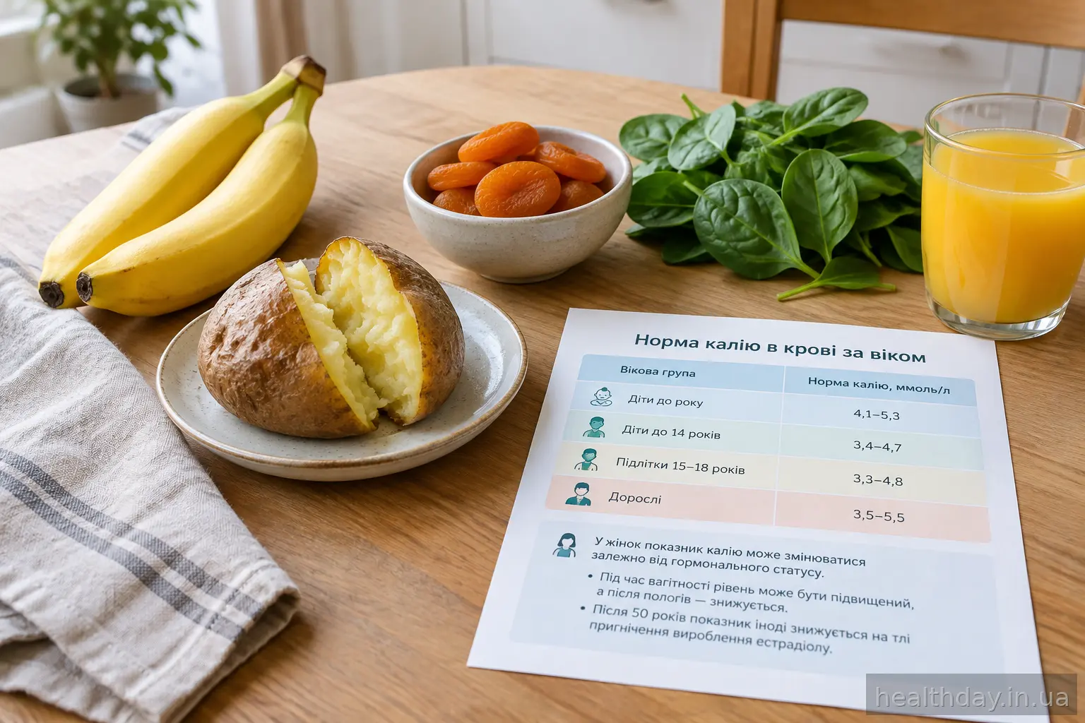 Продукти, багаті на калій: банани, печена картопля, курага та шпинат