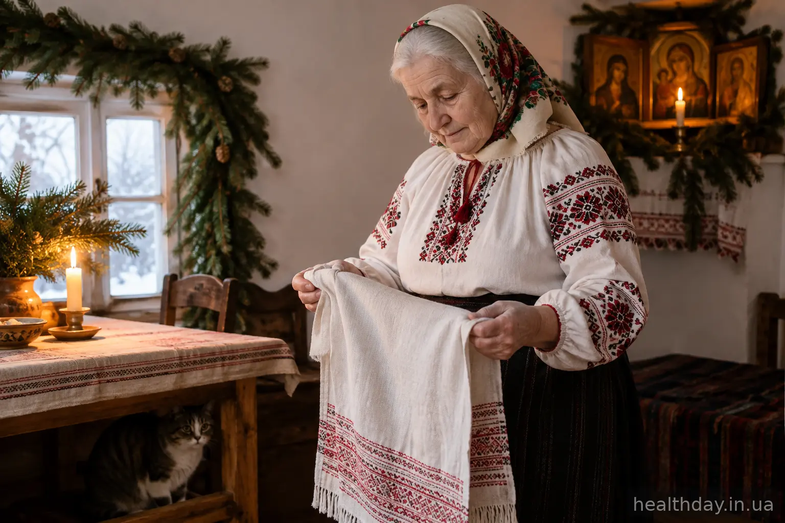 Літня жінка з лляним рушником у різдвяно прикрашеній оселі