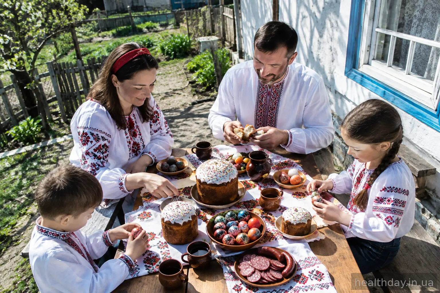 Родина за святковим столом на Великдень з пасками та крашанками