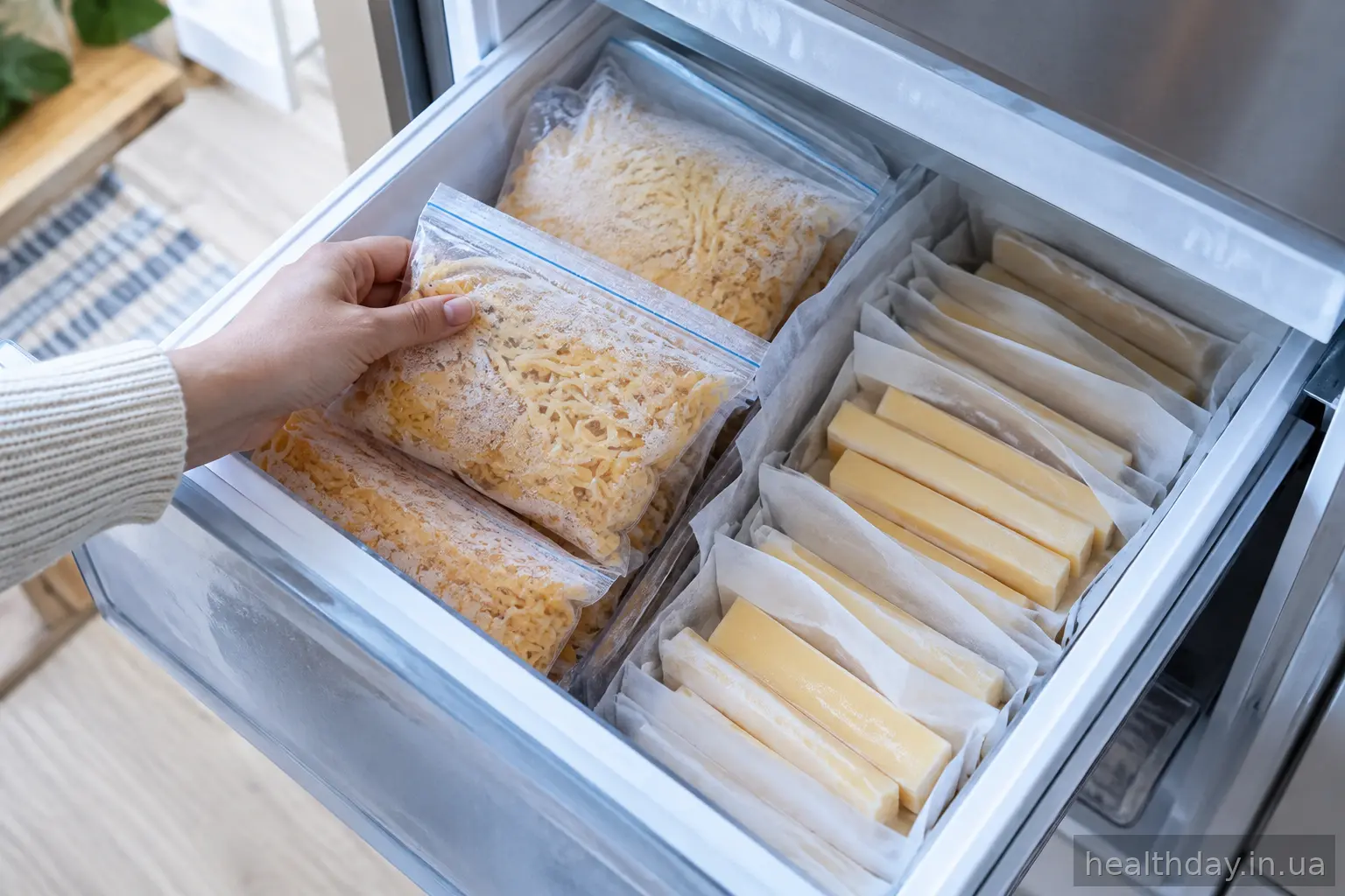 Нарізаний і натертий сир у пакетах із zip-lock у морозильній камері