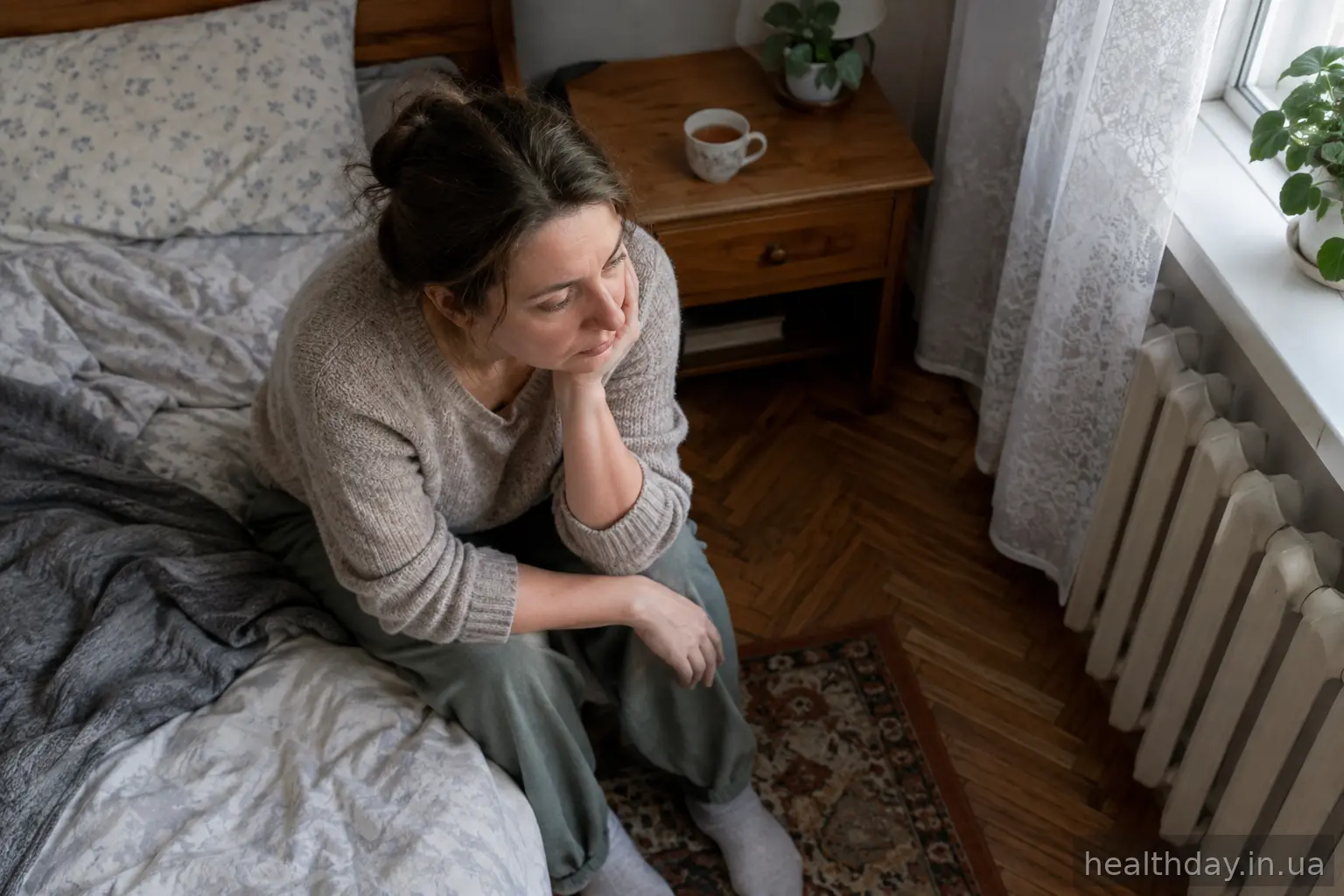 Виснажена жінка сидить на краю ліжка вдень, втома не минає після сну