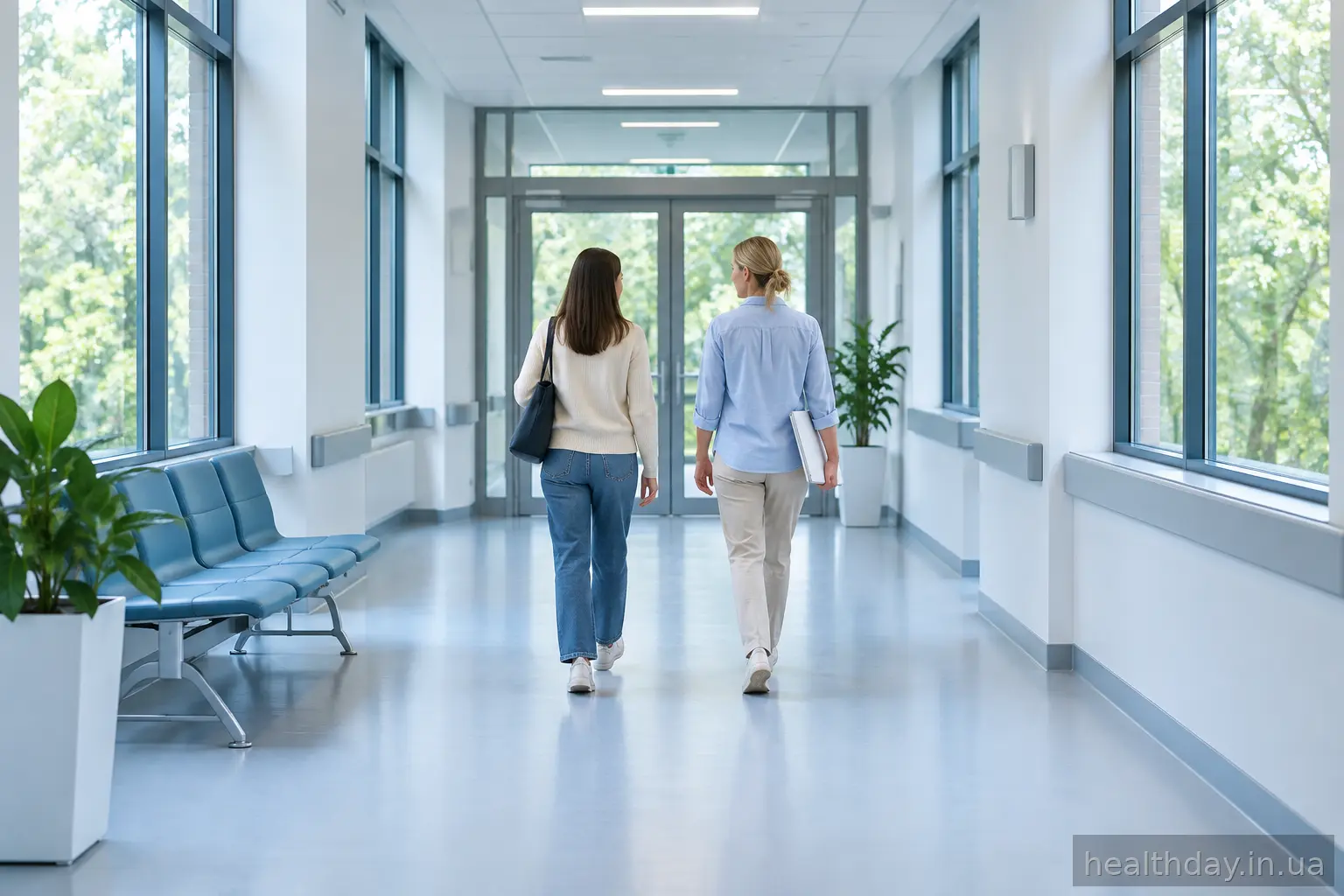 Дві жінки йдуть коридором медичного центру після обговорення плану лікування