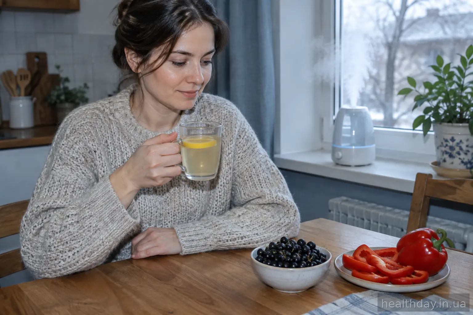 Тепле пиття з лимоном і продукти з вітаміном С на кухонному столі