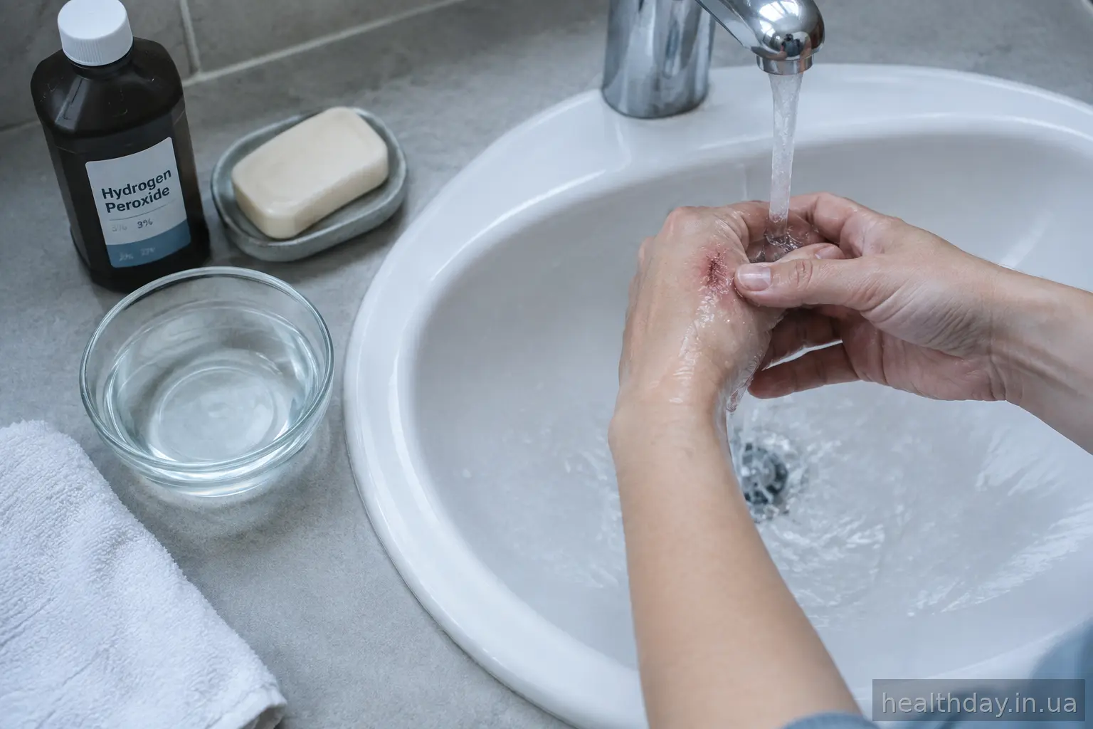 Промивання рани від укусу собаки теплою водою та антисептиком