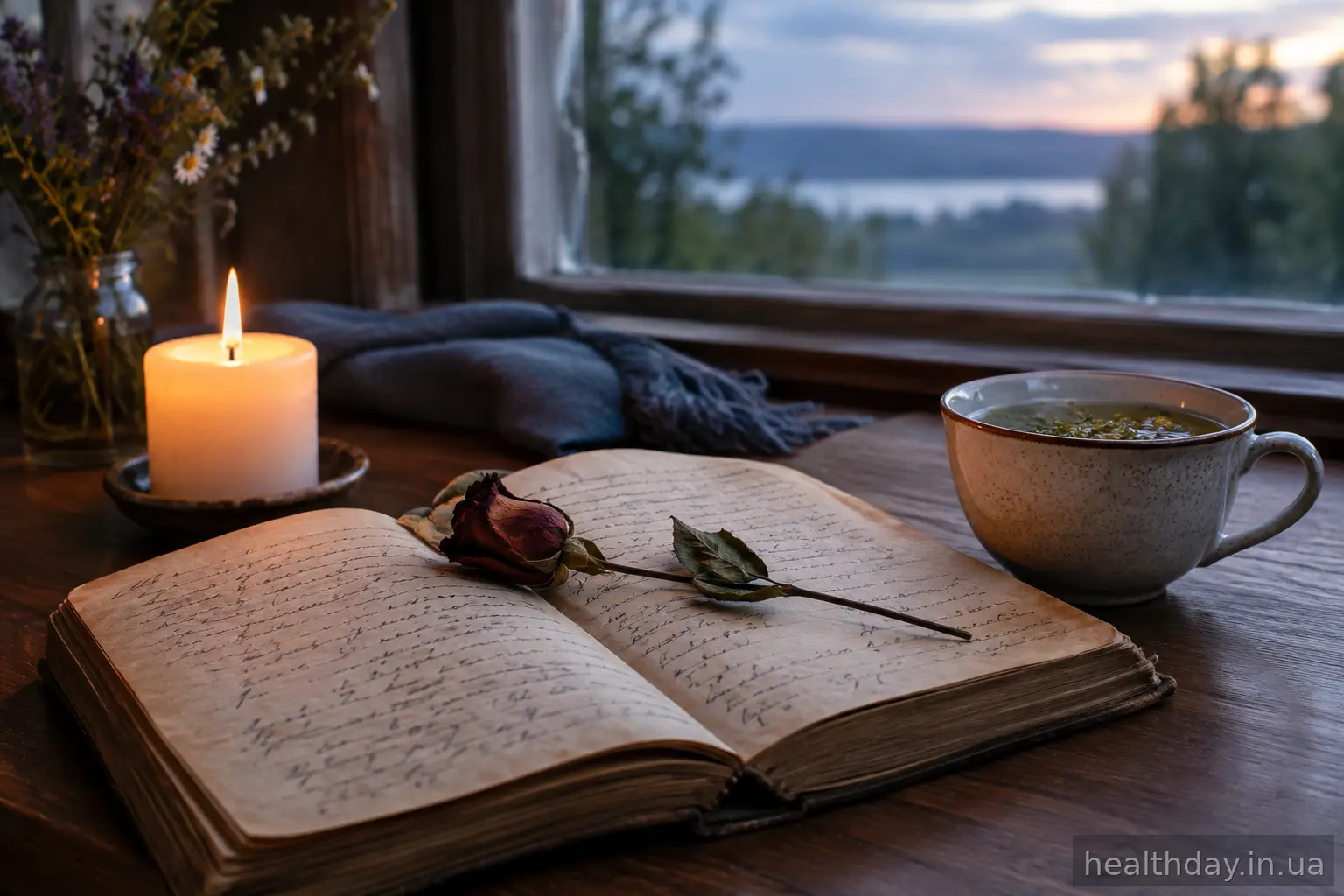 Старовинна книга з записами про сни, свічка та суха троянда на дерев'яному столі