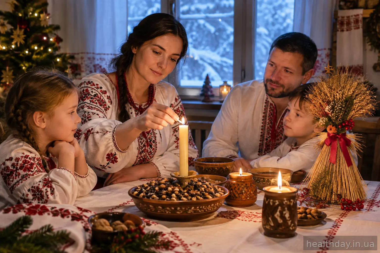 Родина за святковим столом на Різдво при свічках і снопі пшениці