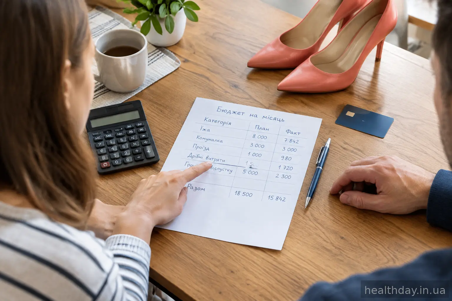 Паперовий план місячного бюджету з колонками витрат на кухонному столі