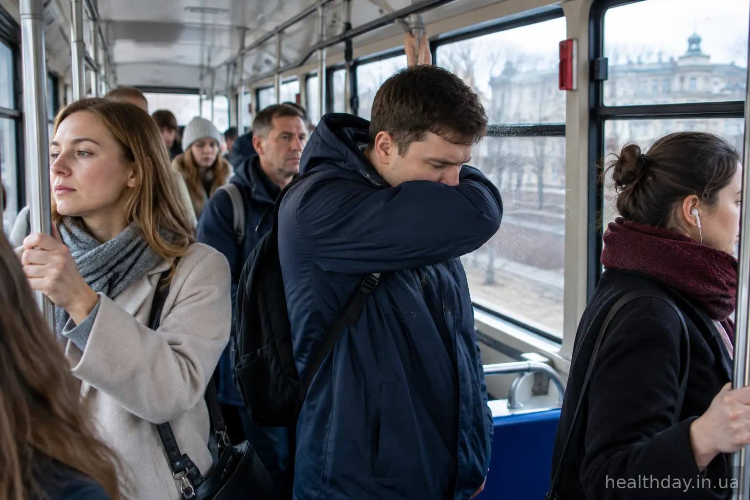 Пасажири у громадському транспорті, чоловік кашляє в зігнутий лікоть