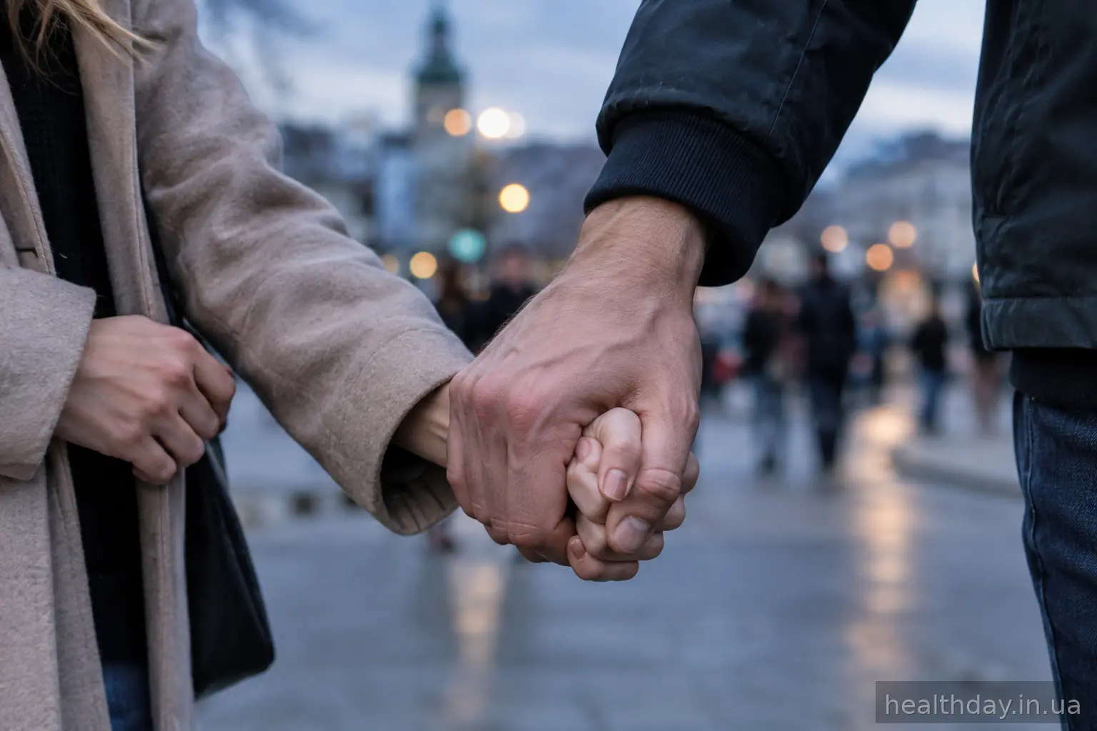 Міцне стискання рук на тлі вечірньої міської вулиці