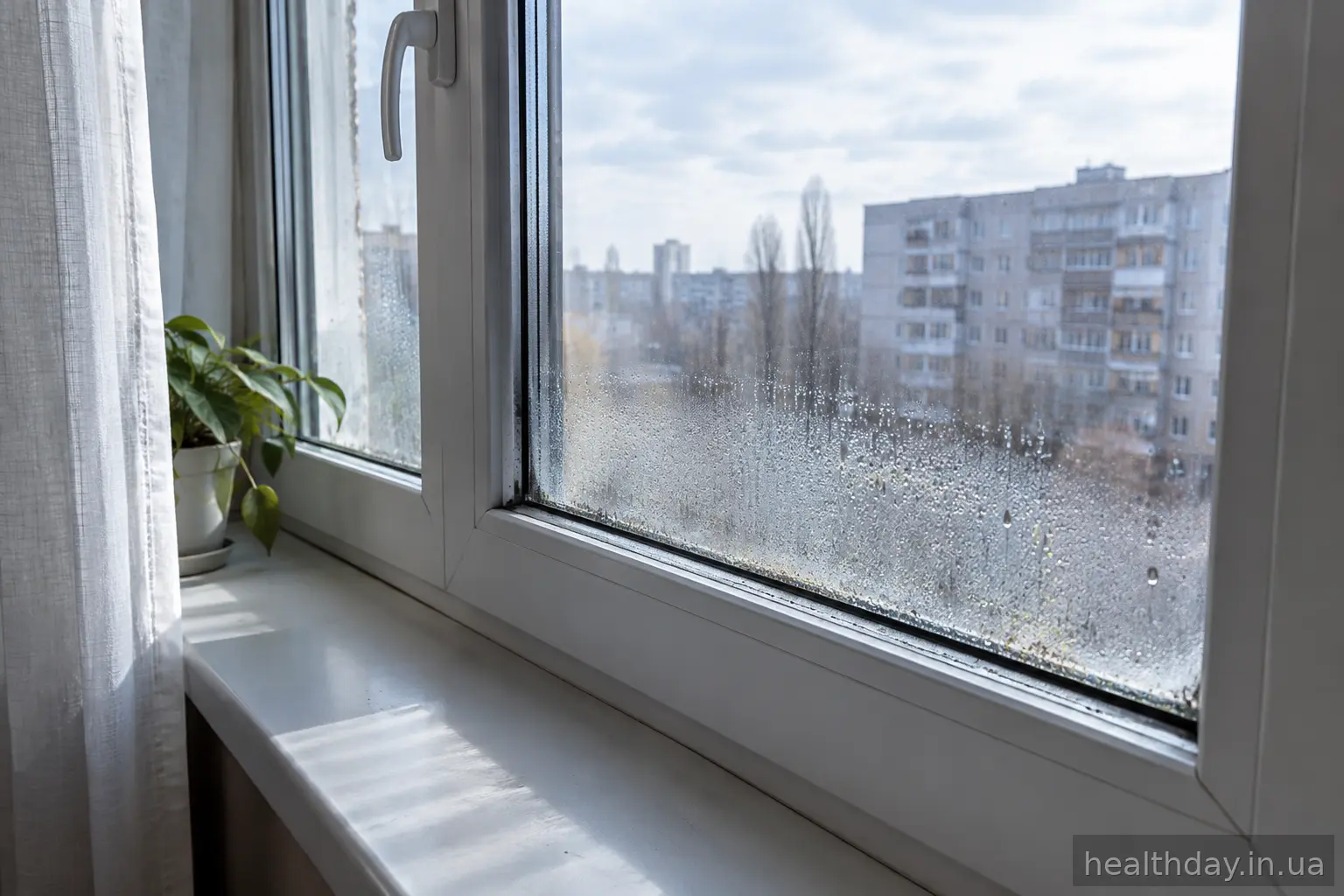 Конденсат і пил на склі пластикового вікна в квартирі