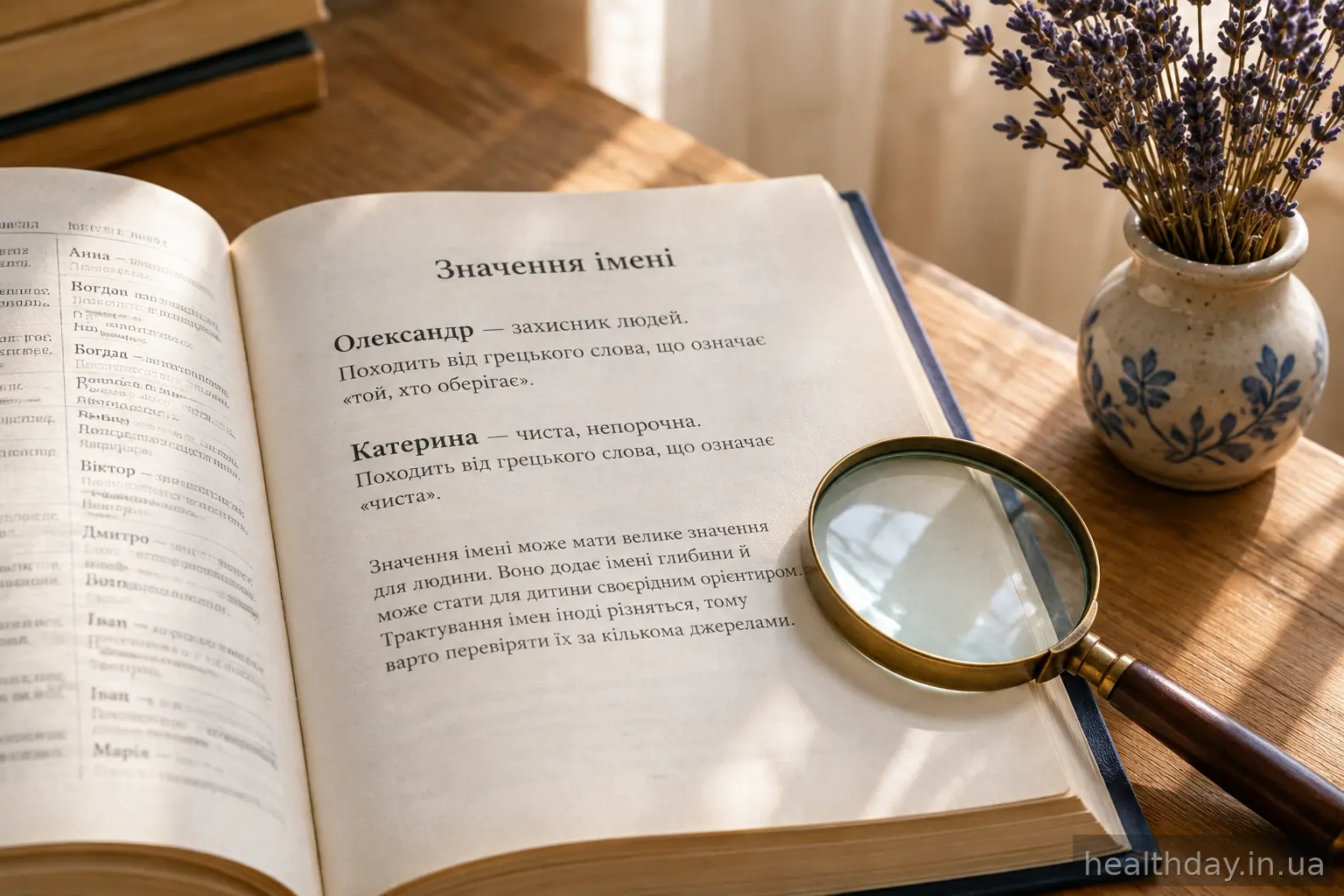 Відкритий словник з тлумаченням імен поруч із лупою на столі