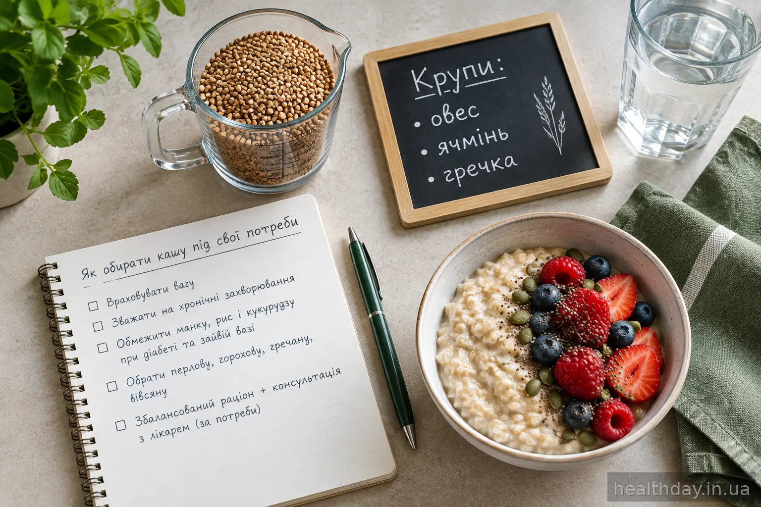 Кухонний стіл із записником, мірним стаканом гречки та списком круп для покупки