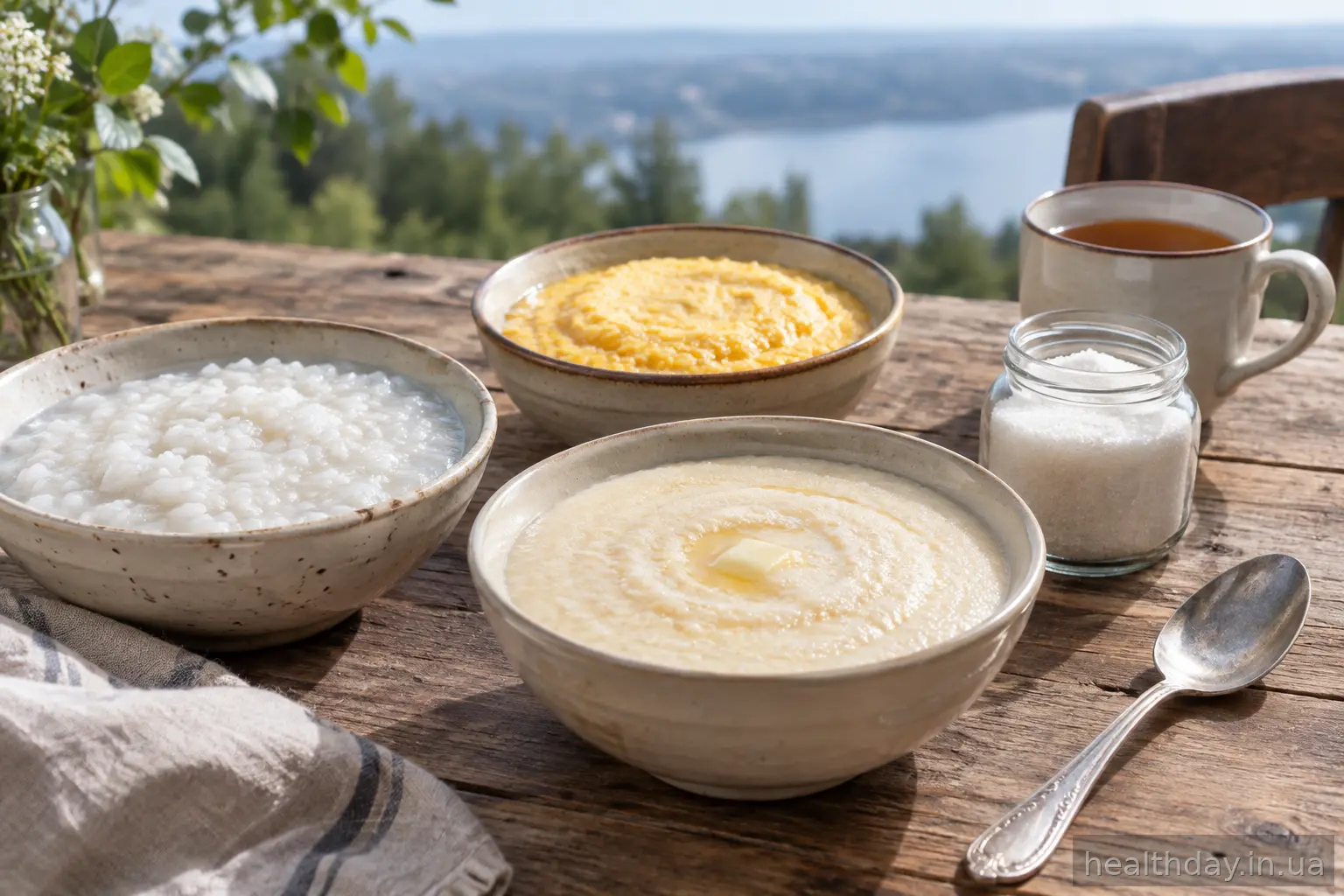 Три тарілки з рисовою, кукурудзяною та манною кашею на дерев'яному столі поруч із цукром