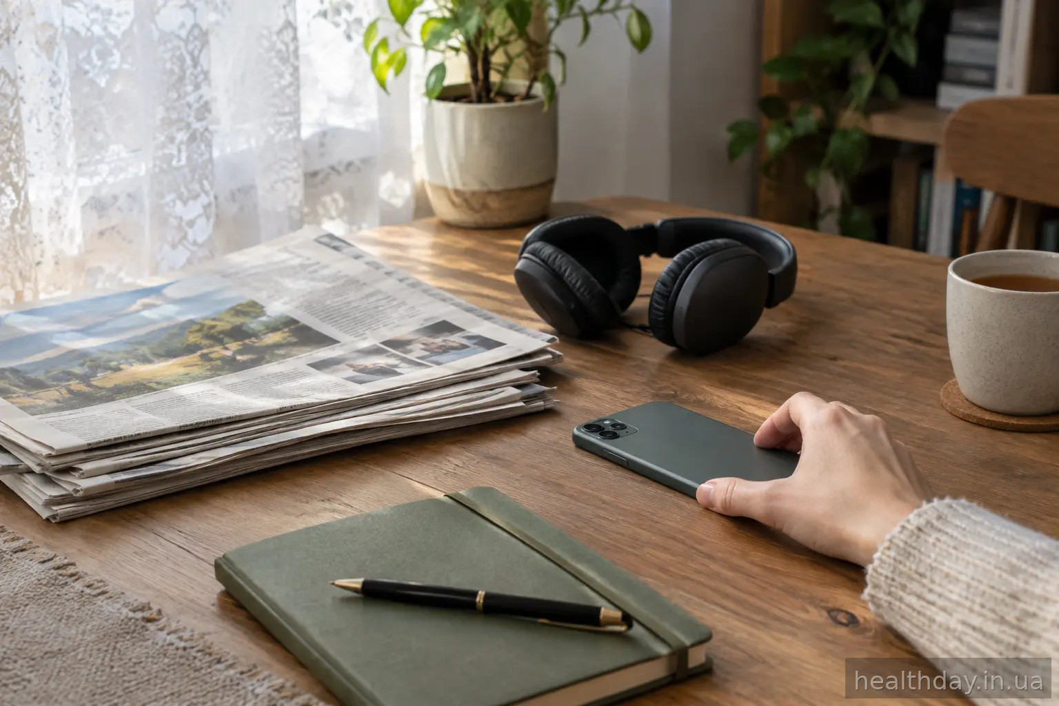 Телефон екраном донизу, газети, навушники й блокнот на кухонному столі