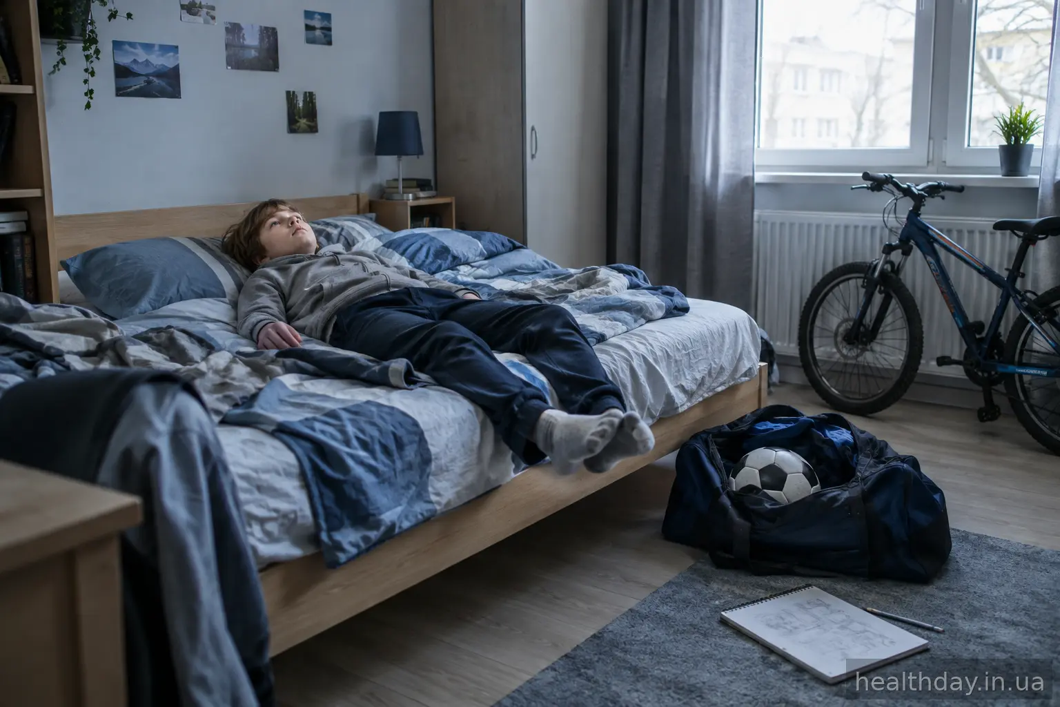 Дитина лежить на ліжку й дивиться в стелю, поруч — незаймані м'яч і скетчбук