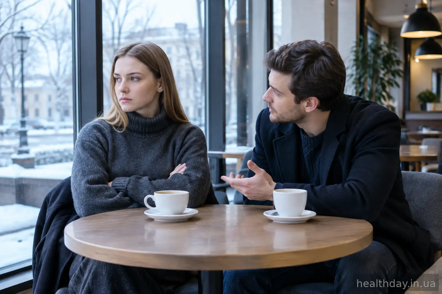 Жінка сидить за столиком у кафе, схрестивши руки, і не реагує на співрозмовника