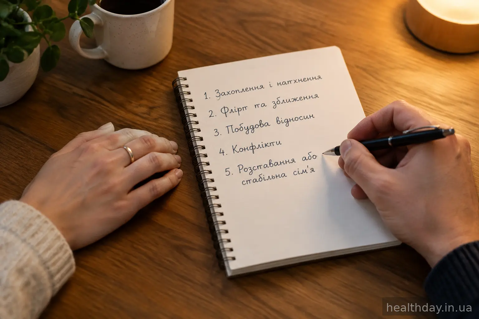 Рука записує етапи розвитку стосунків у зошиті на дерев'яному столі