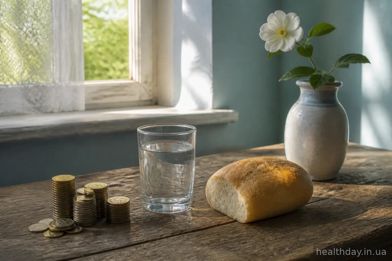 Монети поруч із хлібом, водою та квіткою