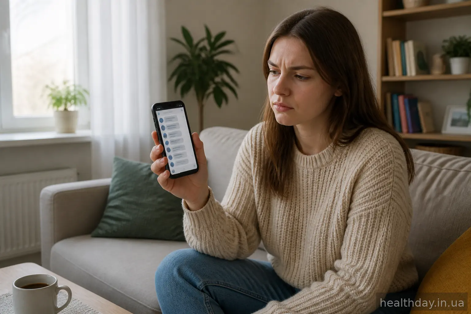 Жінка з розчаруванням дивиться на смартфон, очікуючи відповіді на повідомлення