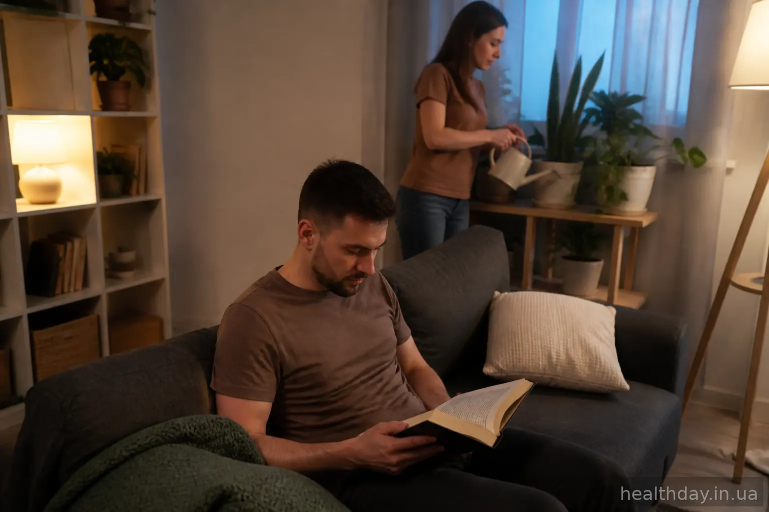 Чоловік читає книгу вдома, а жінка доглядає за рослинами — спокійна передбачувана атмосфера