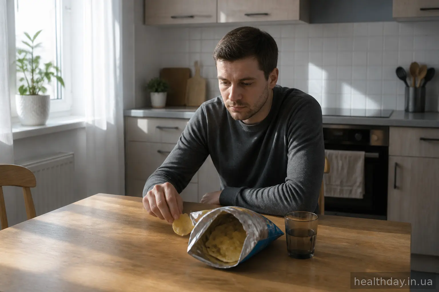 Людина сидить за кухонним столом з пачкою чіпсів