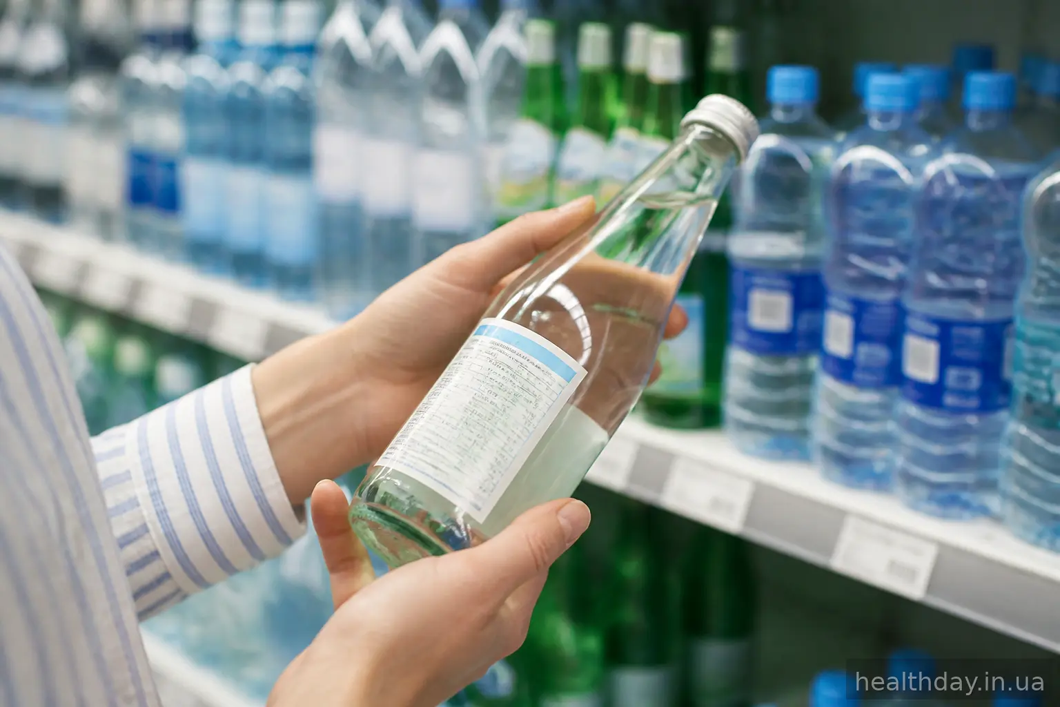 Людина читає етикетку мінеральної води в магазині
