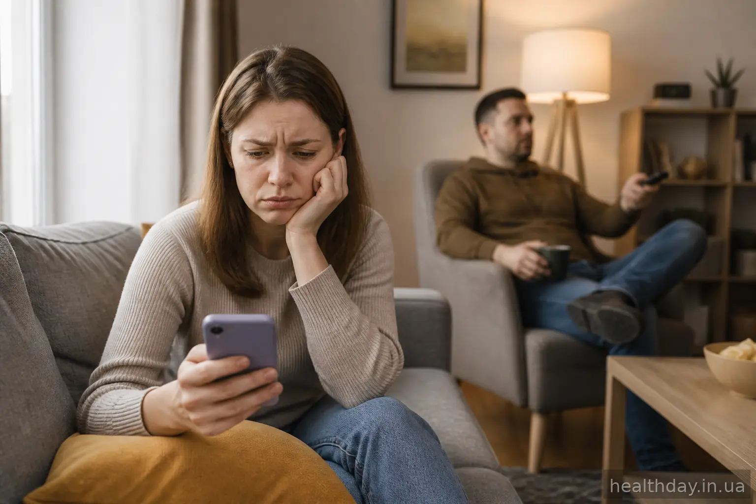 Жінка самотньо сидить на дивані, поки чоловік у кріслі дивиться телевізор