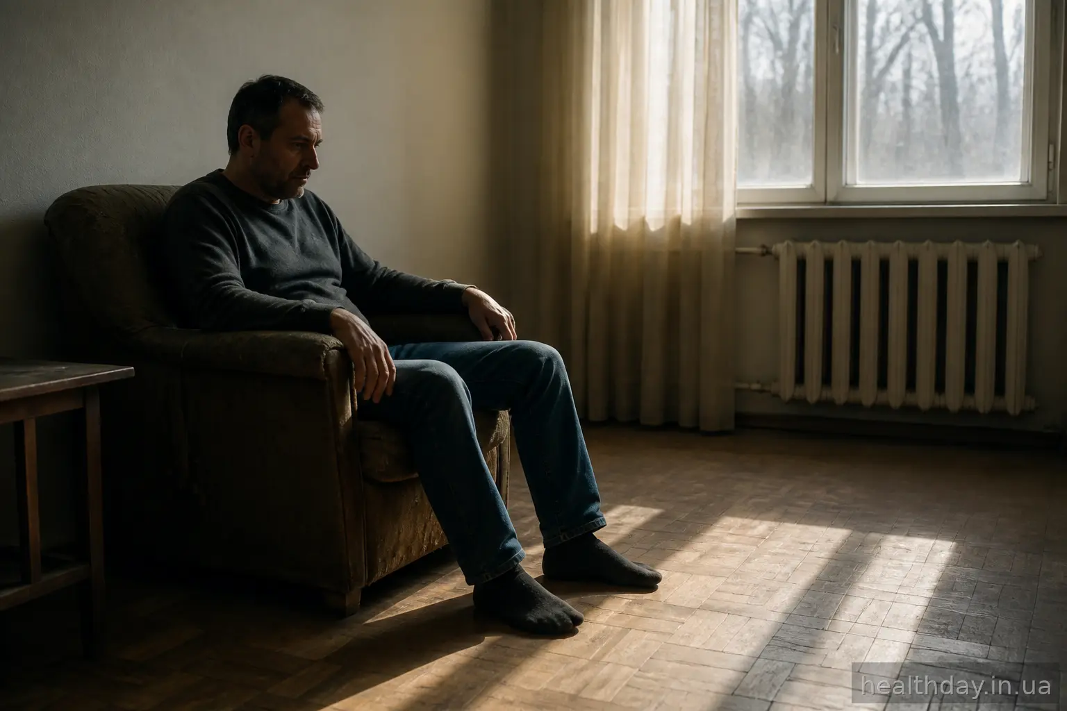 Чоловік самотньо сидить у кріслі, опустивши голову, вигляд пригнічений