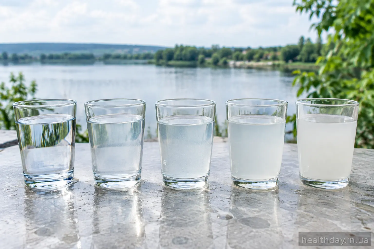 П'ять склянок води з різним рівнем мінералізації на сірій кам'яній поверхні