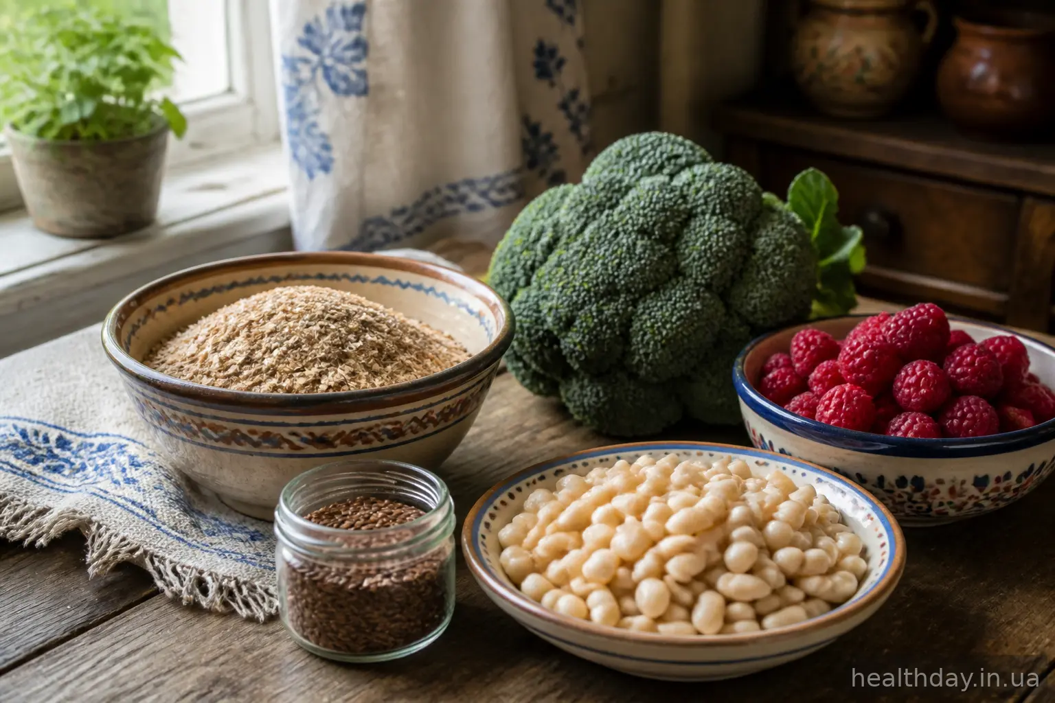 Продукти, багаті на клітковину: висівки, насіння льону, квасоля, малина та броколі на дерев'яному столі