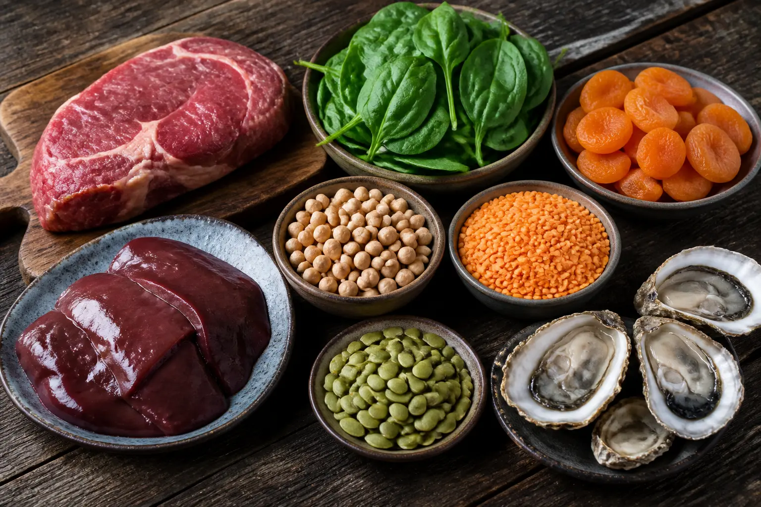 Продукти, багаті на залізо: яловичина, печінка, устриці, сочевиця, нут, шпинат, курага, гарбузове насіння