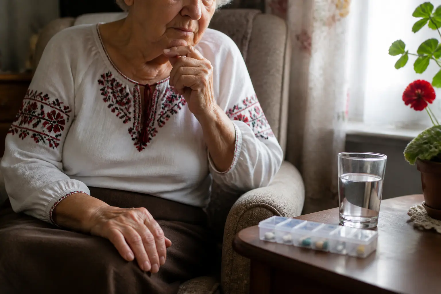 Літня жінка з таблетками вдома